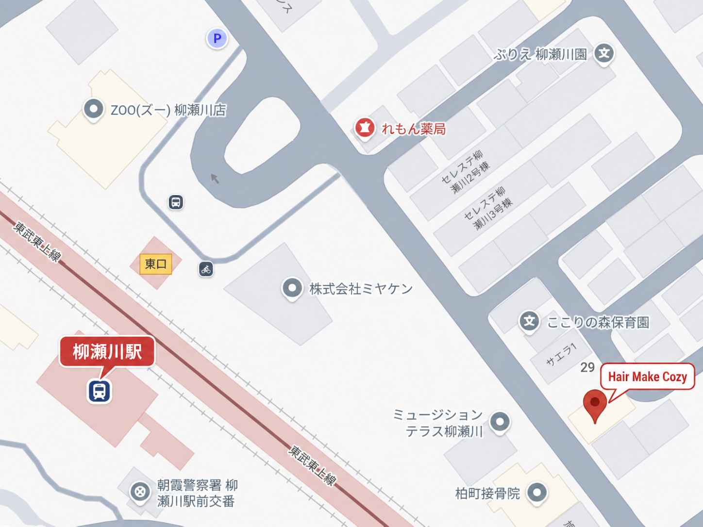 柳瀬川駅とHair Make Cozyを吹き出しで示した周辺案内地図